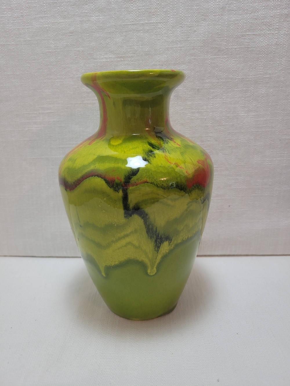 Glossy Green Drip-Glaze Decorative Vase with Multicolor Accents